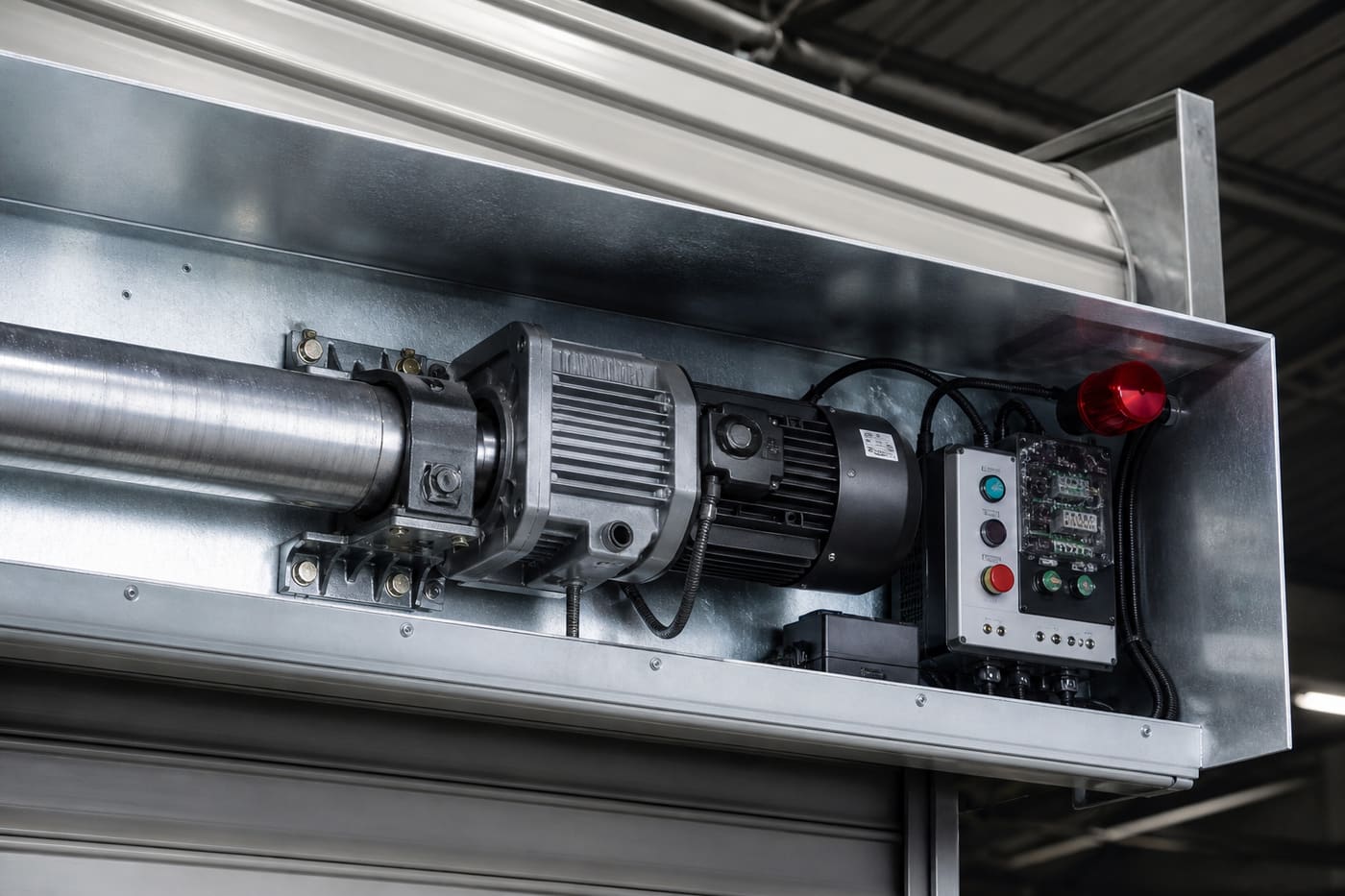 Motorlu yangın kepengi — head box ve yangın paneli entegre fire shutter motoru
